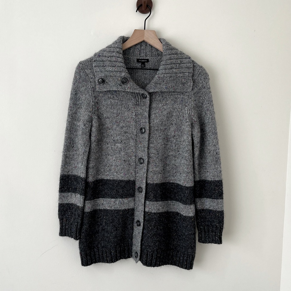 TALBOTS Long Length Button Cardigan Sweater Wool Blend Grey Black Women’s Small